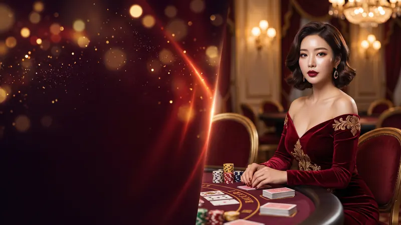 바카라 테이블에 앉은 와인색 드레스의 여성 – 짱구카지노 콤프 이벤트