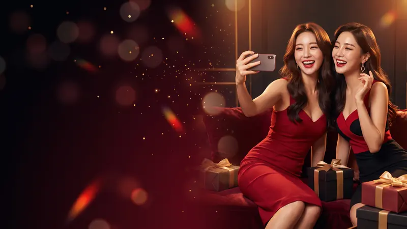 선물 상자 옆에서 셀카를 찍는 두 친구 – 짱구카지노 지인추천 이벤트