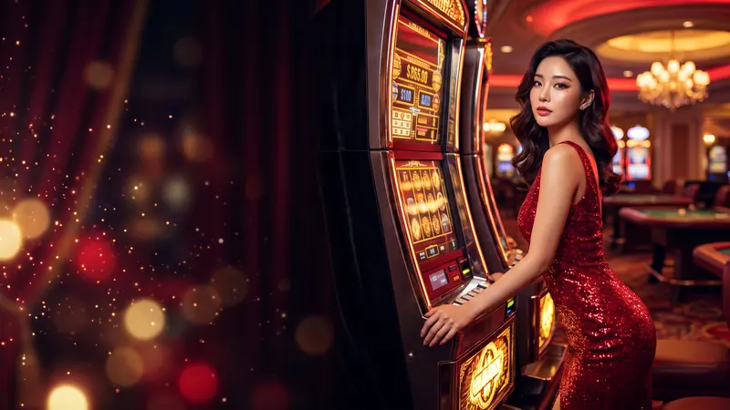 슬롯머신 옆의 빨간 드레스 여성 – 짱구카지노 슬롯 페이백